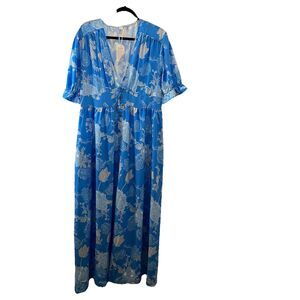 Womens Boutique Blue White Floral Hawaiian Tropical Maxi Button Up Dress Sz XXL